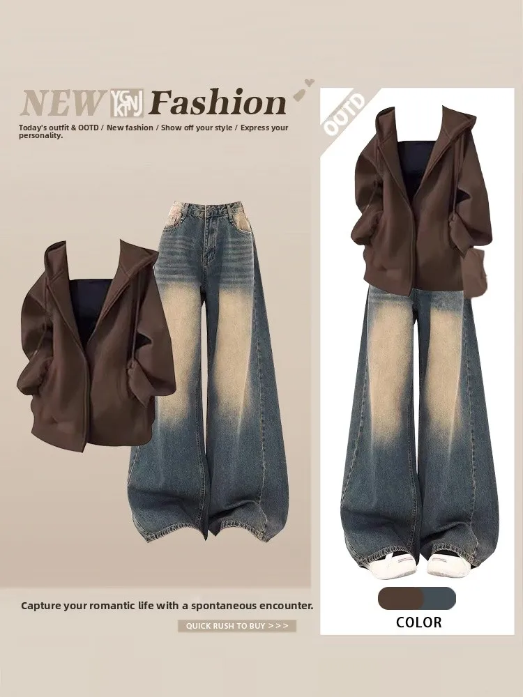 Autunno College Sle Cardigan aperto con cappuccio con cerniera ampia Completo da donna con jeans a gamba larga distranti Set da due pezzi Faionable...