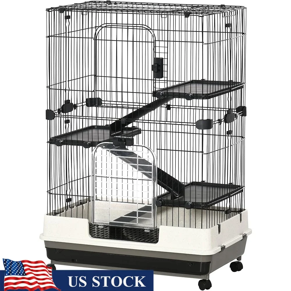 

4-Level Small Animal Cage with Wheels Removable Tray Anti-Slip Ramp Easy Access Rabbits Chinchillas Ferrets Indoor Habitat