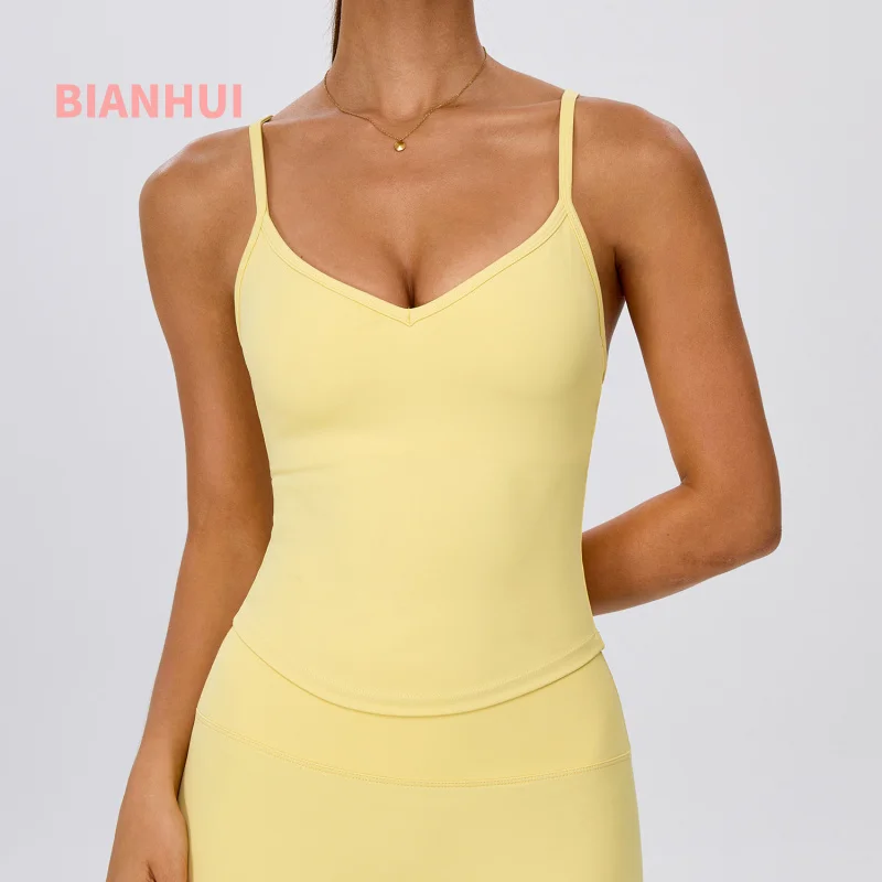 Women Slim Fit Thin Spaghetti Strap Yoga Top V Neck Curved Hem Padded Sports Tank Breathable Casual Fitness Compression Shirt