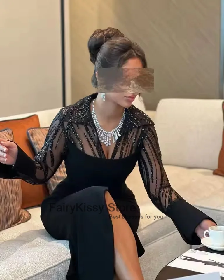 FairyKissy Charmante Meerjungfrau-Abschlussballkleider mit langen Ärmeln, V-Ausschnitt, Perlen, Pailletten, knöchellang, Partykleider, Abendkleider