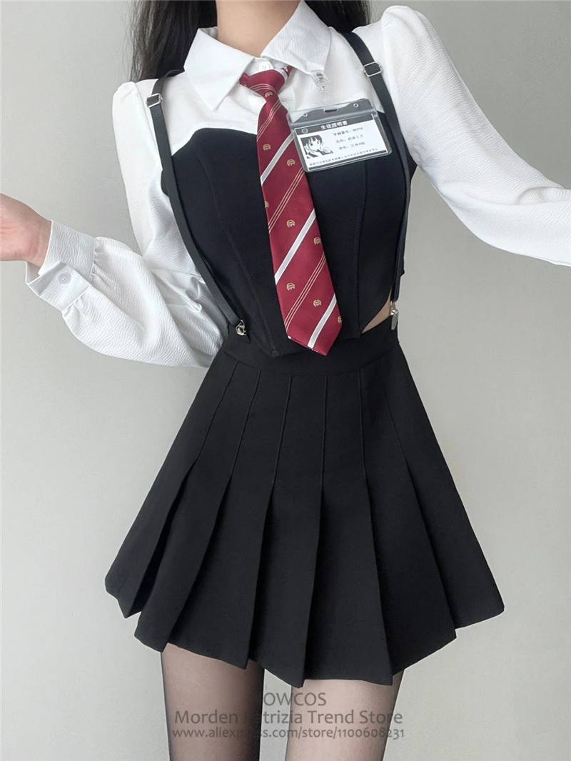 New 2024 Spring Autumn Long sleeved Academy Style American Spicy Girl JK Uniform Set with White Shirt, Black Pleated Skirt, Tie