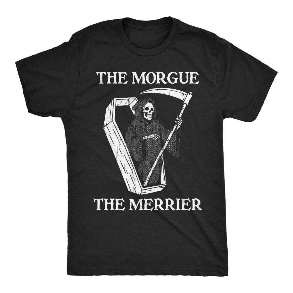 Mens Funny T Shirts The Morgue The Merrier Sarcastic Grim Reaper Novelty Graphic Men's T-Shirt Black Casual Crew Neck T Shirts