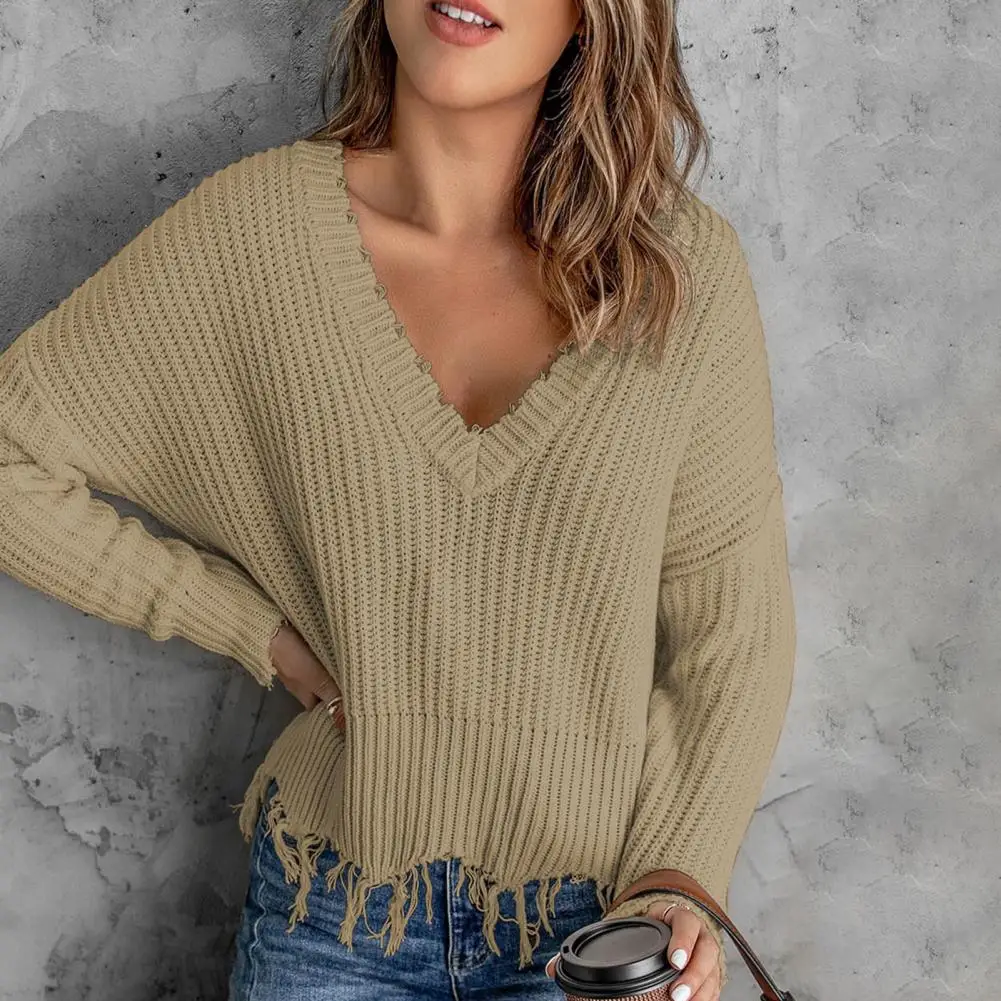 Cold Resistant  Fashion Distressed Ripped Tassel Sweater Jumper Warm Sweater Jumper V-Neck   Streetwear