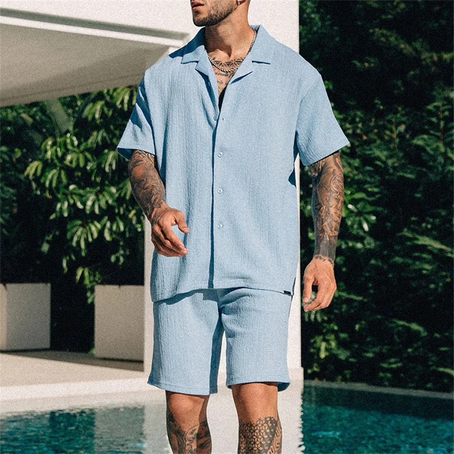 2025 novo conjunto de duas peças masculino manga curta lapela botão camisas e shorts ternos praia roupas masculinas verão streetwear agasalho