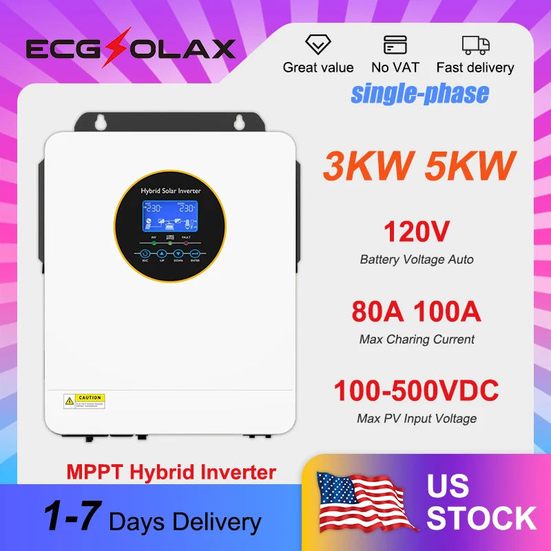 ECGSOLAX 120V 3KW 5KW Single-Phase Solar Inverter 24V/48V Pure Sine Wave Hybrid Solar Power Inverter 80A/100A Built-in MPPT