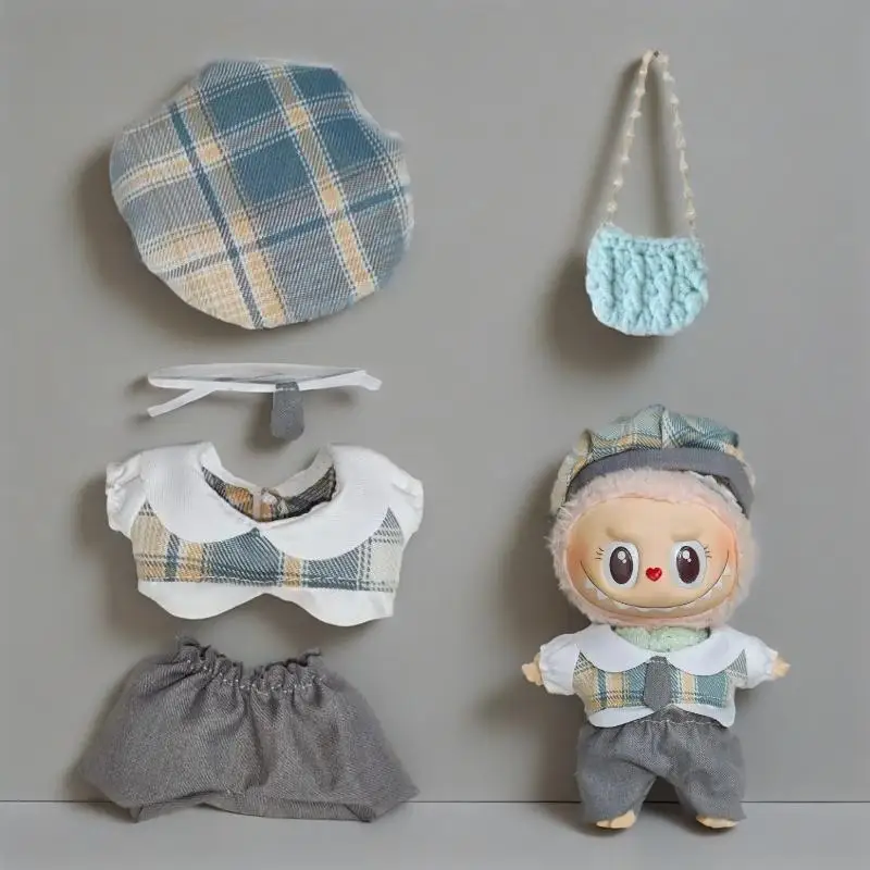 

Одежда 15/17 см для куклы Labubu, милое платье с бантом для Labubu V1 V2, кавайный плюшевый игрушечный костюм, модная подарочная поясная сумка