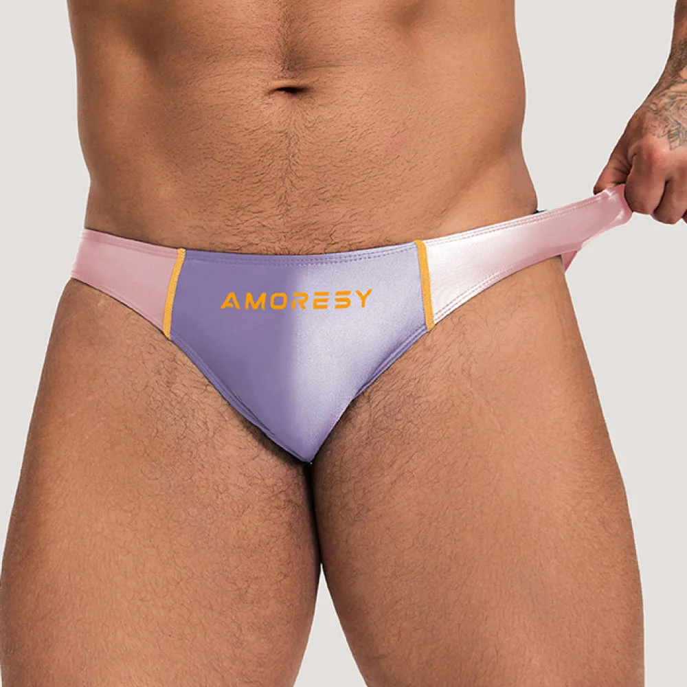 AMORESY-Men\'s Spandex Swimming Trunks, Matching Color, Ultra Low Waisted, Sexy Sports, Oily, Smooth, Silk Briefs