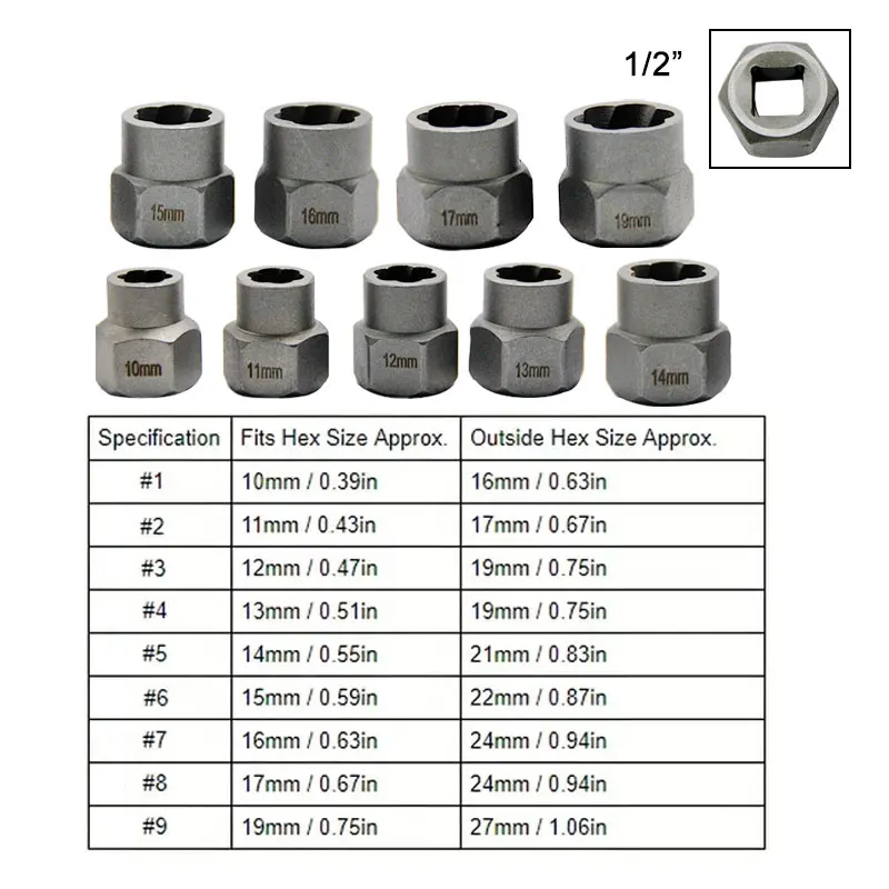 10pc Nut Extractor 1/2 Square Hole Air Cannon Electric Wrench Use Sliding Nut to Remove Red Box Tool Set