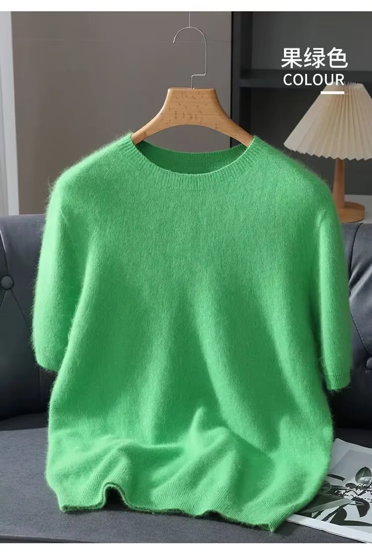 Herrenpullover, kurzärmelig, Sommer-Nerzstrickpullover, lockerer Rundhalsausschnitt, einfarbig, halbe Ärmel, einfaches T-Shirt, lässiges Oberteil – Detail 19