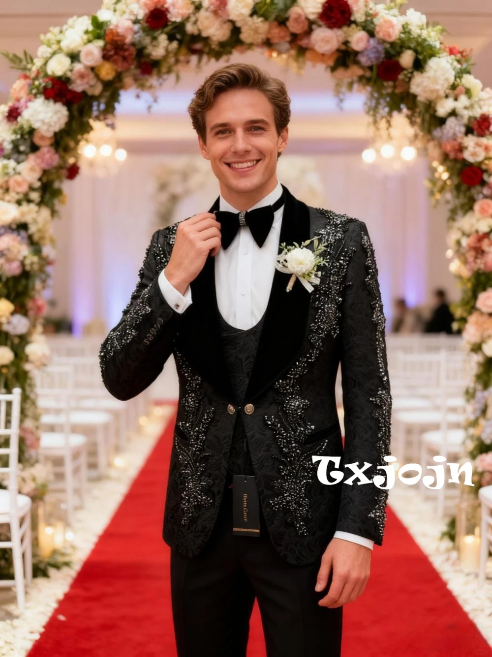 

Черный костюм с вышивкой из бисера, комплект из 3 предметов для мужчин, деловой наряд для вечеринки, красивый мужской костюм с шалью и лацканами, свадебные комплекты для жениха