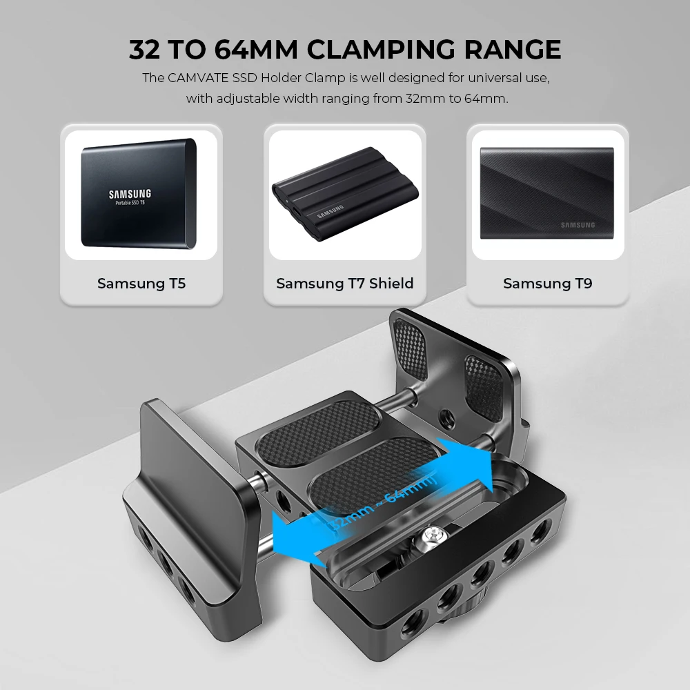 CAMVATE マウントブラケット SSD ホルダー コールドシューケーブルクランプ付き 32-64mm サムスン T5 T7 SSD サンディスク用
