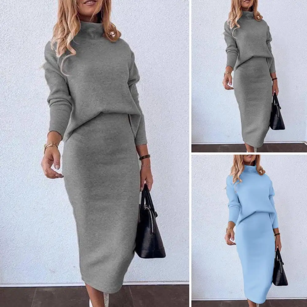 

Women Fall Suit Set Elegant Women's High Collar Sweater Skirt Set Solid Color Long Sleeve Top Mid-calf Length Skirt Office