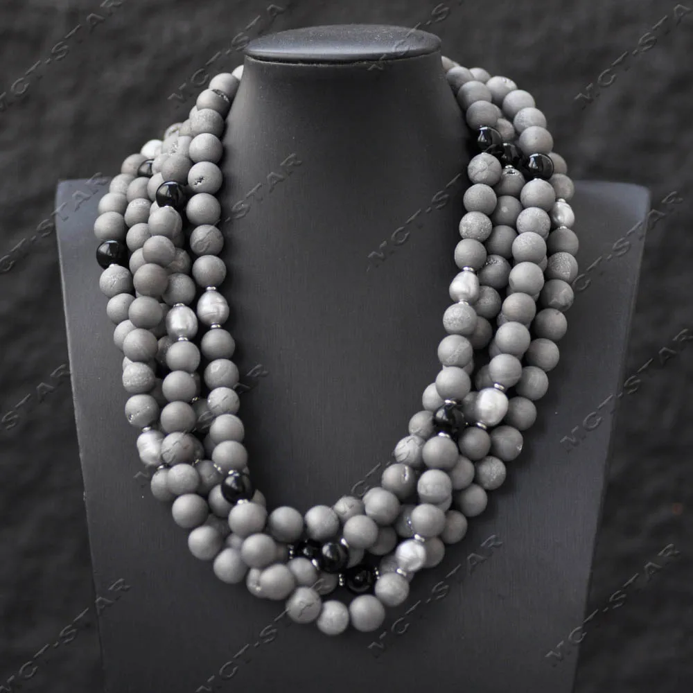 

MTC·STAR 5Row 19'' Gray Black Round Crystal Agate Rice Pearl Necklace (Z14580)