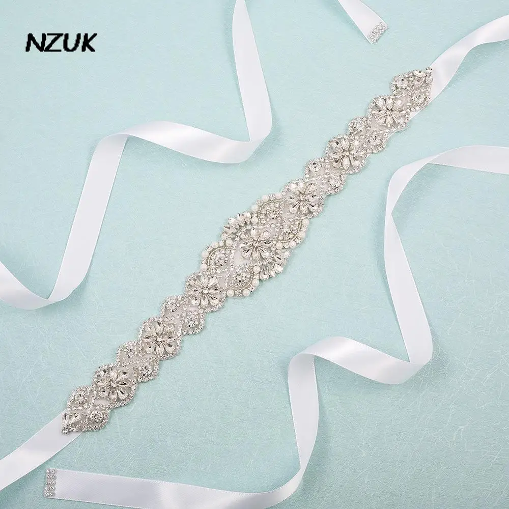 NZUK – ceinture de mariée en strass, faite à la main, accessoires pour robe de mariée, slim, perlée en argent