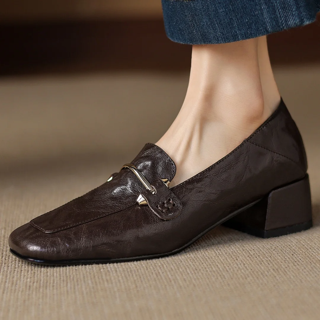 

Женские лоферы без шнуровки из овчины с квадратным носком и металлической пряжкой, толстый средний каблук 4 см, высококачественные мягкие удобные повседневные мокасины