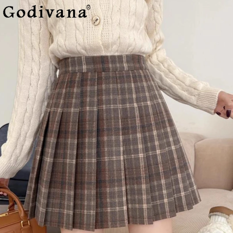 

Большой размер L-4XL, осенне-зимняя клетчатая плиссированная юбка кофейного цвета с высокой талией, универсальные возрастные корейские короткие юбки