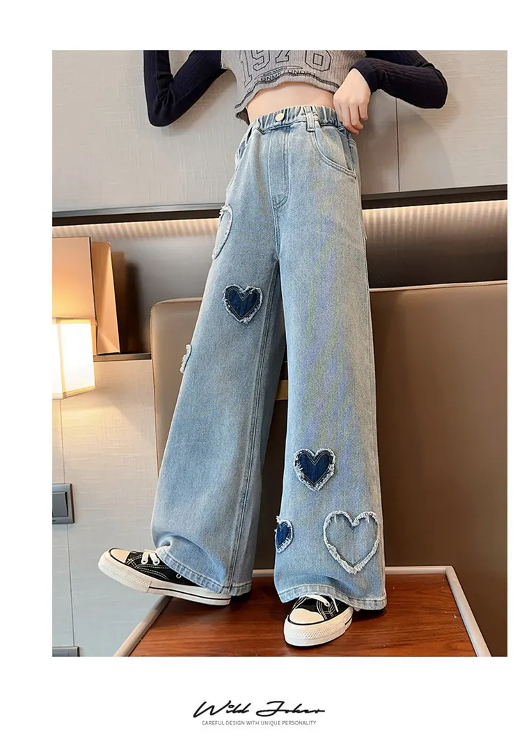 Weite Schulhosen für Mädchen mit Herz-Design, Lässige, Lockere 2025 Neue Frühlingsmode Lange Jeans, Kinderhosen im Koreanischen Stil – Detail 7