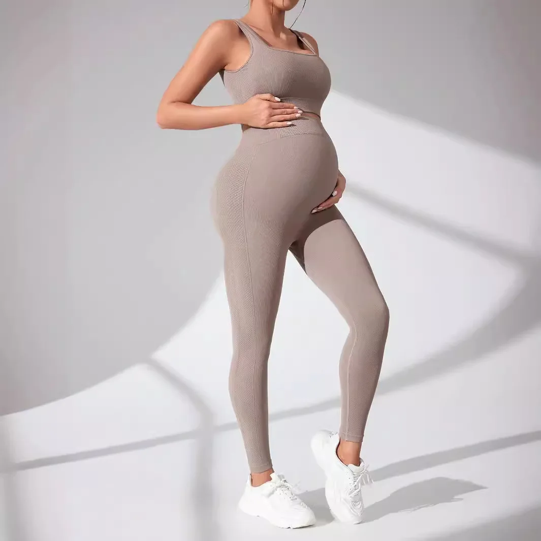 Maternity Yoga Wear Set for Pregnant Women 2 Piece Seamless Belly Dry Sports Fitness Bra And Pant Combo