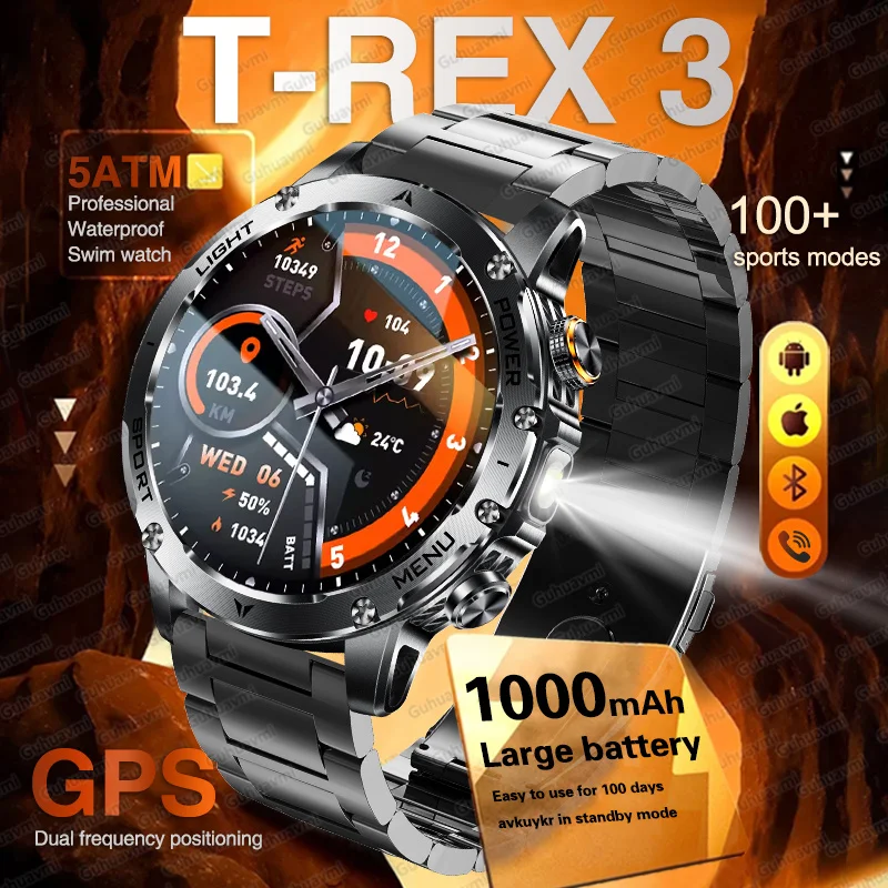 

Военные Смарт-часы T-Rex 3 Ultra, 1000 мАч, аккумулятор, 5 атм, водонепроницаемый фонарик, пульсометр, GPS, спортивный трекер, умные часы для мужчин, новинка