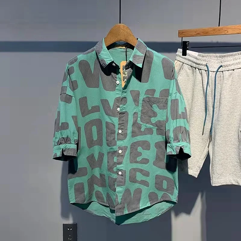 

Extra Large 300 Pounds Full Body Letter Short Sleeve Shirt Men's Summer Thin Design Casual Trendy Shirt Youth Popular Loose Fit