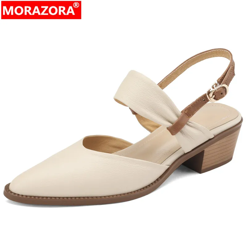 

MORAZORA 2024 New Back Strap Sheepskin Sandals Woman Buckle Ladies Dress Shoes Mixed Colors Square Med Heels Sandals