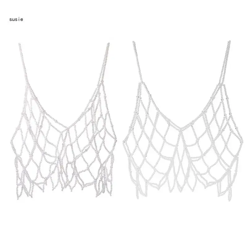 X7YA Women Handmade Woven Body Chain Camisole Pearl Crystal Beaded Vest Mesh for Tank