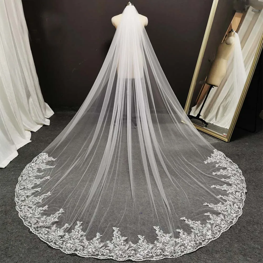 Glitter Pailletten Lace Lange Bruiloft Sluier 3 Meter Wit Ivoor Bridal Veil Wedding Hoofddeksels Bruid Sluier