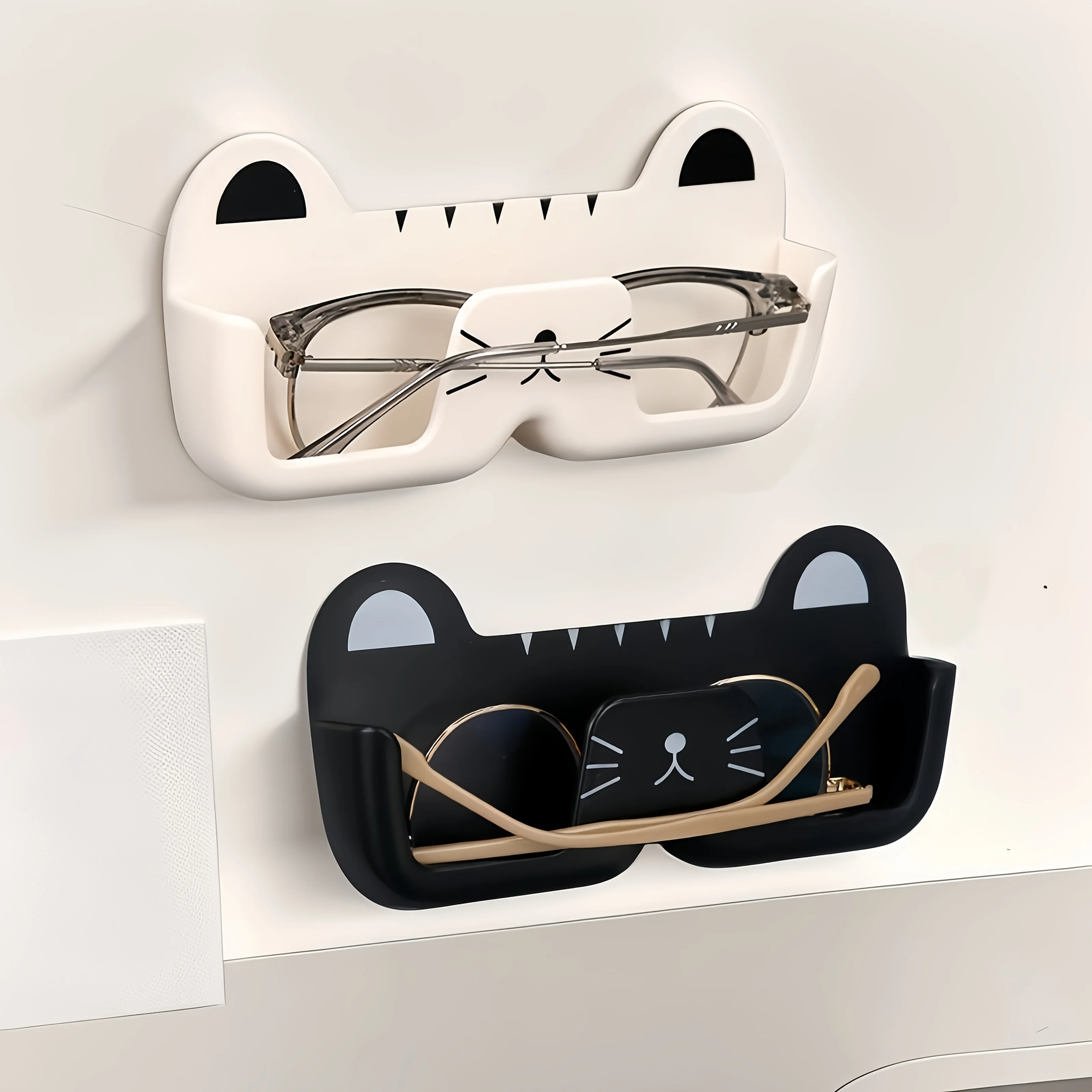Caja de almacenamiento de gafas portátil con temática de gato, empaquetada al azar en 3 colores, montada en la pared, sin necesidad de perforación, para guardar gafas de miopía, almacenamiento de gafas de sol para el hogar, organizador de gafas de coche