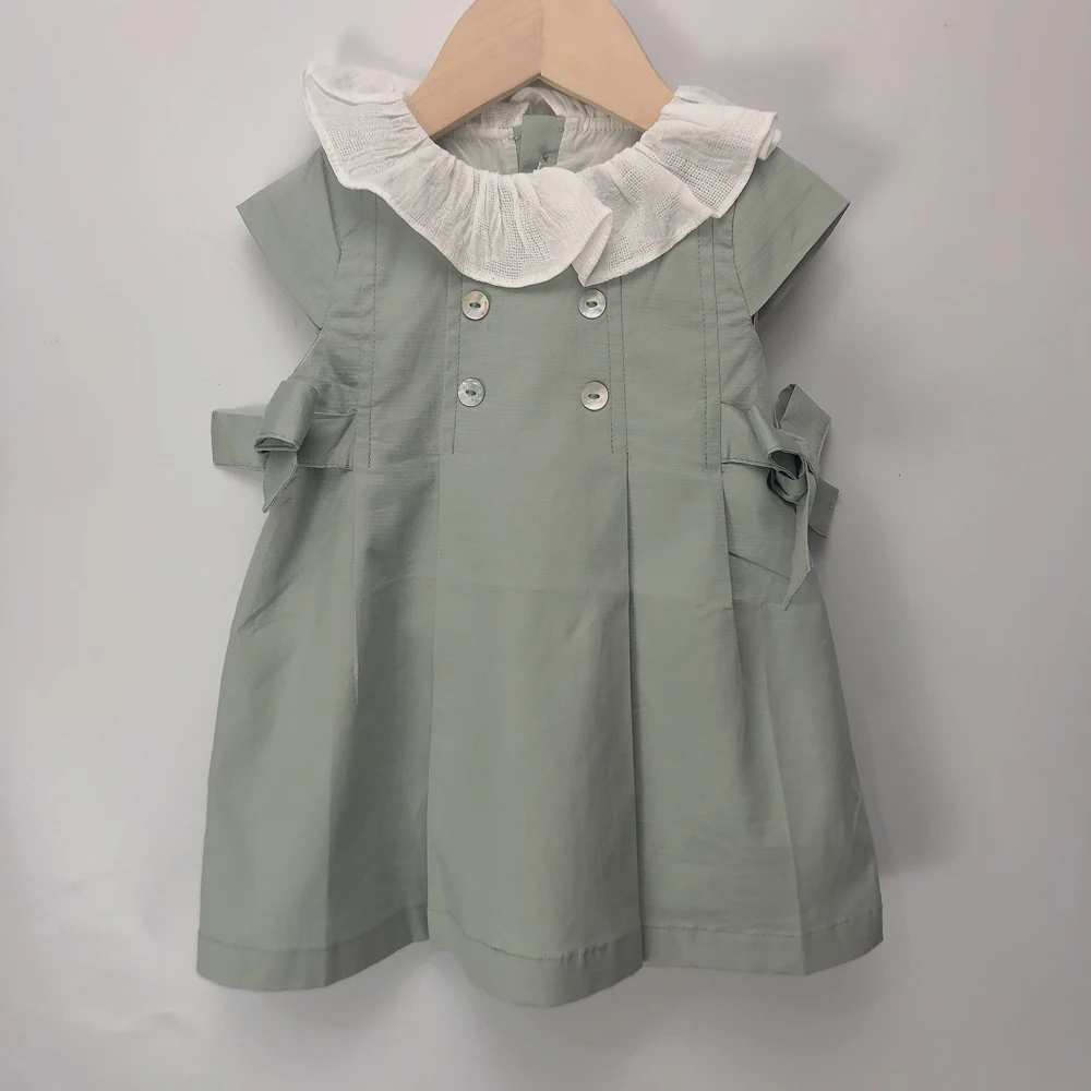 

Children Boutique Spanish Clothing Girls Green Cotton Short Sleeve Dress Lotus Leaf Collar Princess Formal A-lines Short Dress