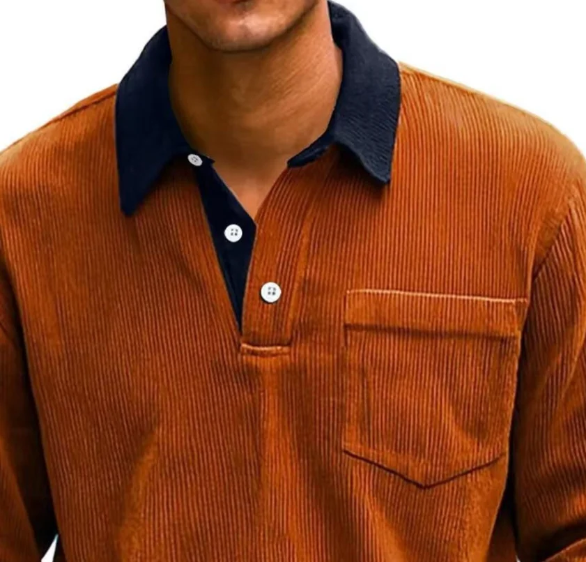 Spring Autumn Casual Men's Polo Shirts Solid Color Long Sleeve Corduroy Pullover Tops For Men Daily Leisure Buttoned Lapel Polos