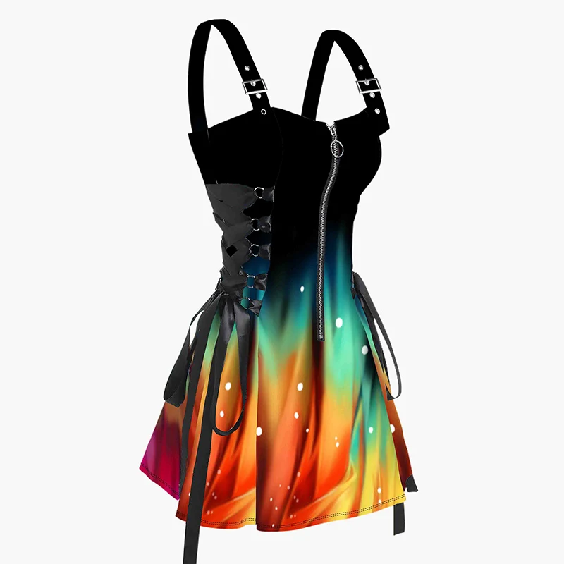 Dressfo 2025 Women's Summer Dresses Galaxy Colorful Print Lace Up Mini Dress Half Zipper Adjustable Buckle Strap Dress Vestidos