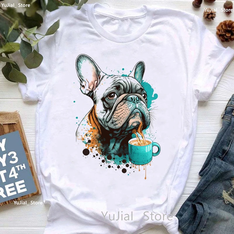 Camiseta con estampado de Bulldog Francés para mujer, camisa blanca divertida para chica, camiseta Harajuku Kawaii para amante de los perros