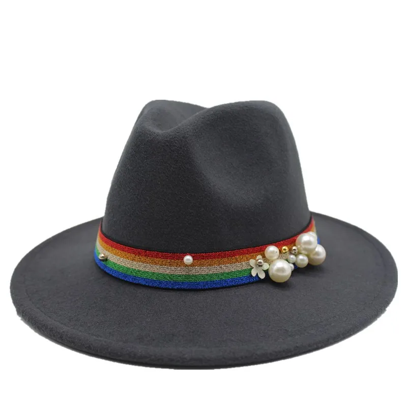 AliExpress Autumn And Winter New Pearl Elastic Woolen Hat Flat Brim Broad Brimmed Hat All Match Straight Fedora Hat