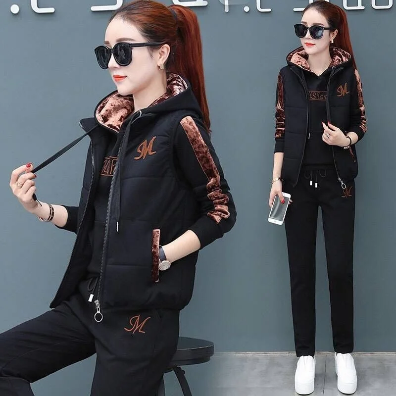 2024 Autumn Winter New Women\'s Casual Sweat Suit Fashion Plush Thickened Hooded Tops Waistcoat Pants 3 Three Piece Set For Women