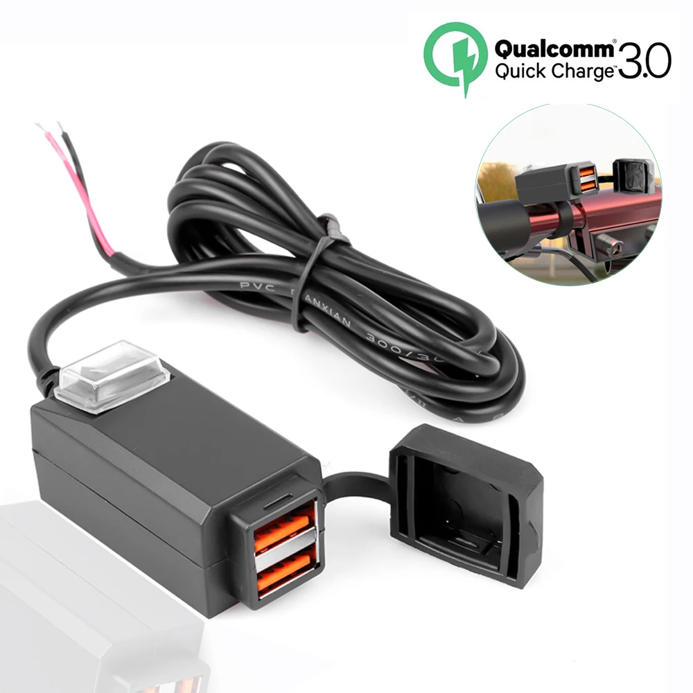 Motocyklowa ładowarka USB QC3.0 Kierownica Szybkie ładowanie Wodoodporny adapter gniazda 12 V z włącznikiem/wyłącznikiem do nawigacji telefonicznej
