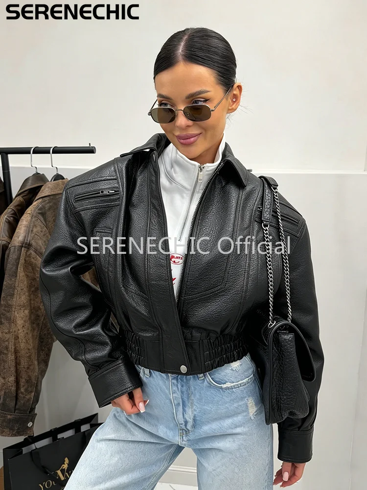 SERENECHIC Textured PU Aviator Coat with Elastic Hem Women's Black Cropped Faux Leather Jacket New Vintage Outerwear Female