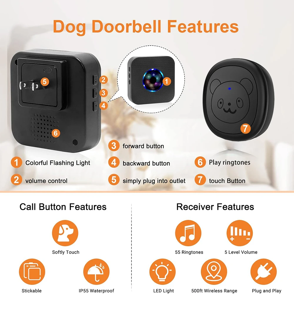 Smart Dog Doorbell Wireless for Potty Training Doggie Food Chime Door Bell Touch Button for Pet Puppy Ring to Go Outside KONLEN