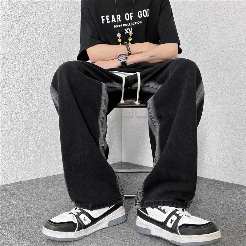 

Extra Large Autumnal Dstring Thin Wide Leg Men's Jeans Casual Loose Straight Cut Trousers Casual Loose Wide Leg Jeans