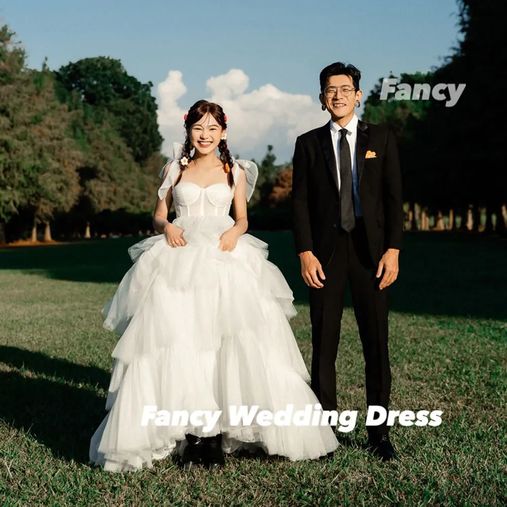 Fancy Korea Princess Spaghetti Straps Main Wedding Dress Korea Photoshoot A Line Soft Tulle Bridal Gown Back Corset Customized