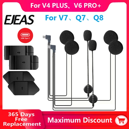 Auriculares originales para casco de motocicleta EJEAS V6 PRO +/V4PLUS, enchufe tipo C, con altavoz, micrófono, Clip y Base opcionales