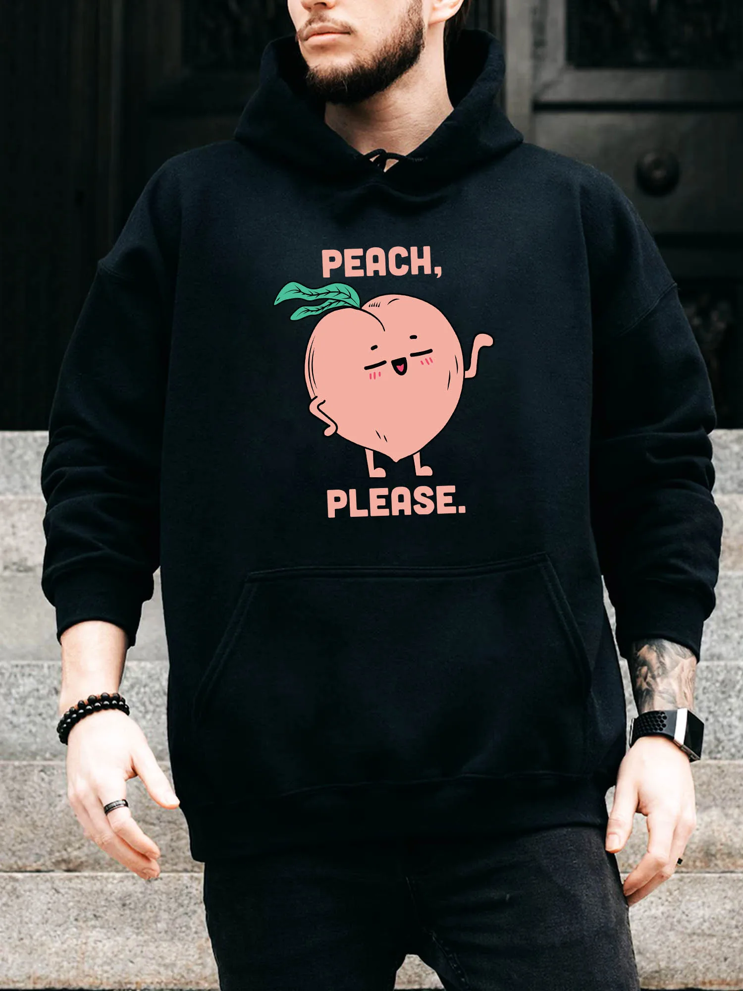 

Peach Please Men's Drawstring Hoodie - Casual Comfortable Black Pullover, Fall & Winter Hooded Sweatshirt