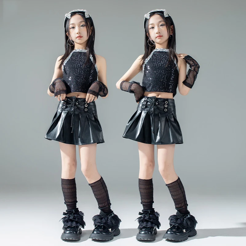 

2025 New Girls Jazz Dance Costume Kids Hip Hop Dance Clothes Children'S Street Dance Clothing Sequins Top Leather Skirt DW10717