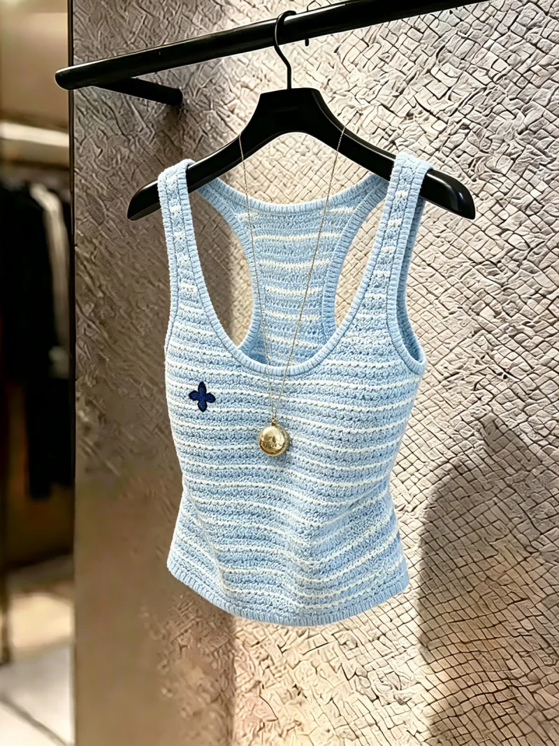 

Blue Striped Knitted Crop Top Women's Summer Slim Fit Short Style Vest Korean Version Embroidery round Neck Sleeveless Silk
