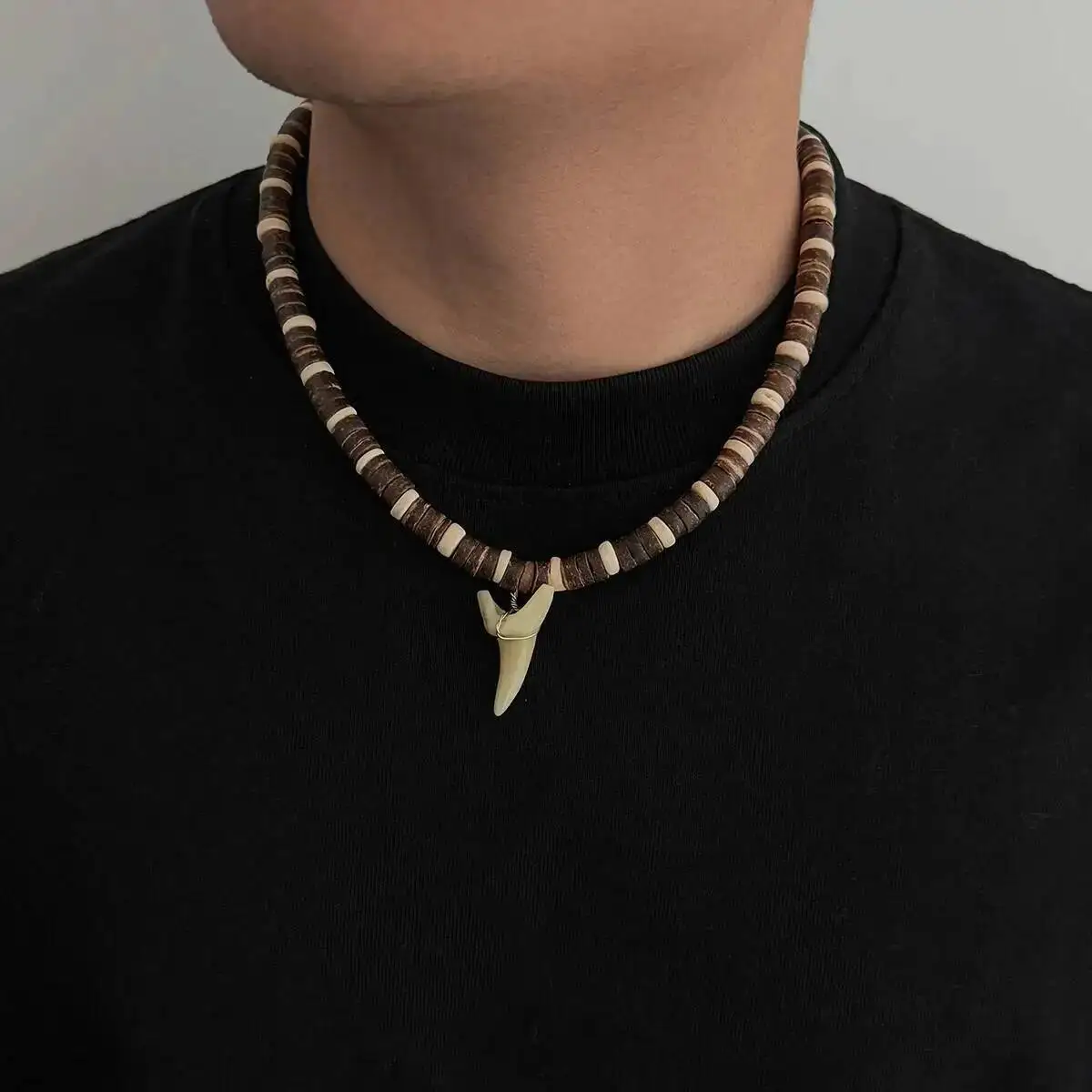 Ingemark Vintage Coconut Husk Beaded Choker Necklace for Men Punk Creative Tooth Pendant Necklace Party Charm Jewelry Gifts 2026
