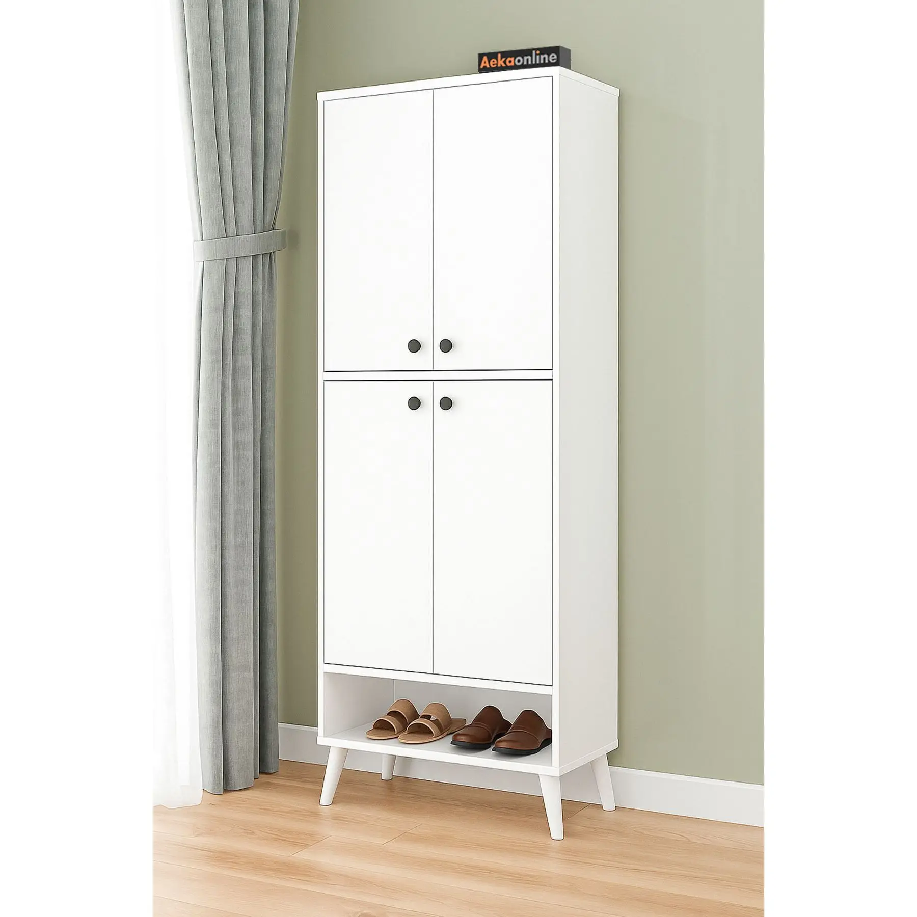 Patented 4 Foot Multi-Purpose White Modern Wood Panel 9-Shelf 4-Door Eco-Friendly Durable Shoe Rack Easy Assembly Space-Saving