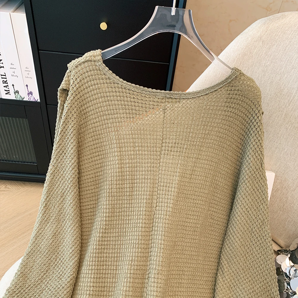 Plus-size women's spring and autumn leisure commute loose comfortable knitted cardigan green long simple long-sleeved coat large