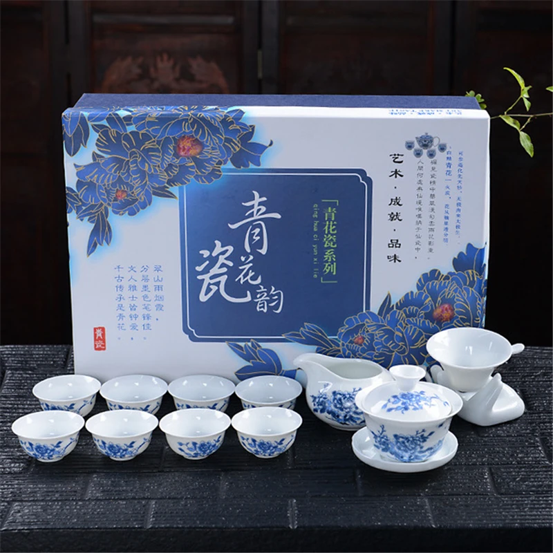 11Pcs/Set China Kung Fu Tea Set Gai Wan Tea Maker Blue and White Porcelain Teapot Tea Cups Overglaze Color Teaset +Tea Strainer