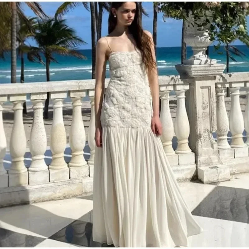 Elegant 3D Flower Long Dress For Women Fashion Patchwork Pleated Sling Party Dresses Female 2025 New Backless Maxi Evening Robes
