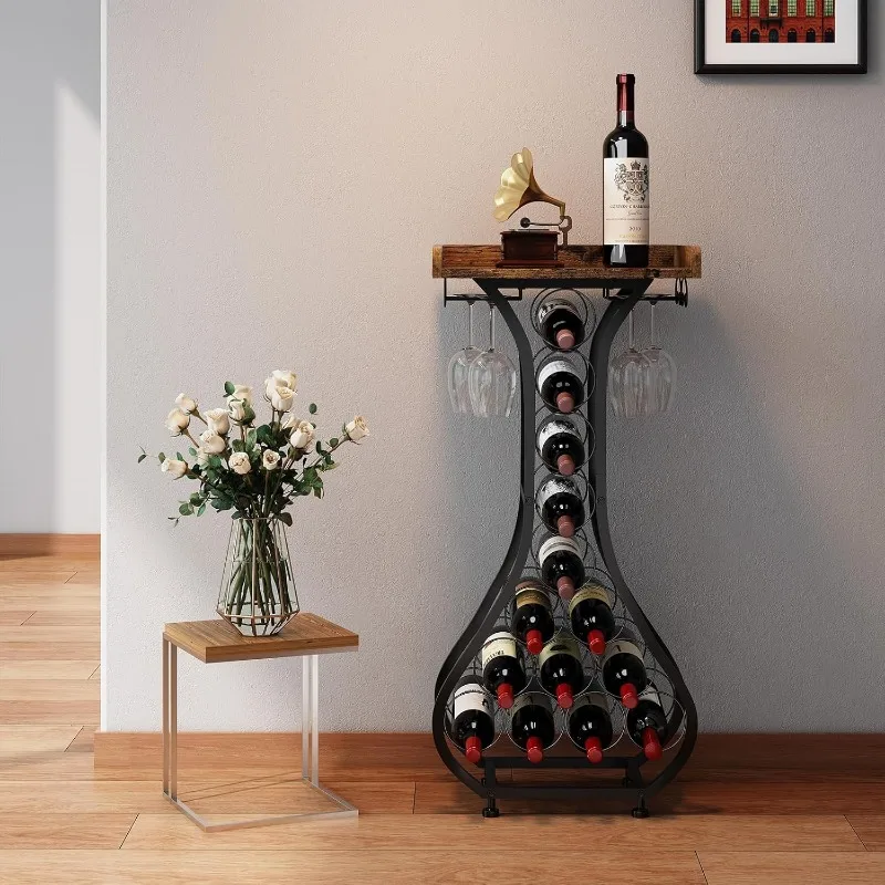 Autoportante Wine Rack com Suporte De Vidro, Mini Bar Mesa, Wine Holder Stand, Armário De Licor, Mesa De Madeira, 14 Garrafas De Chão