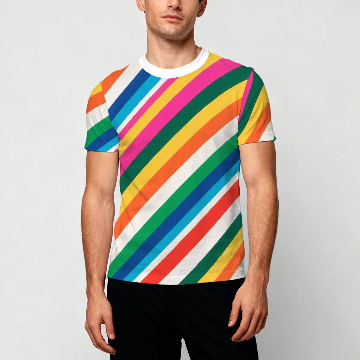

Simple rainbow striped printed short-sleeved round-neck T-shirt, a best-selling fashionable and versatile top for men in summer